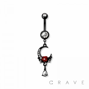 MOON WITH ROSE DANGLE 316L SURGICAL STEEL NAVEL RING