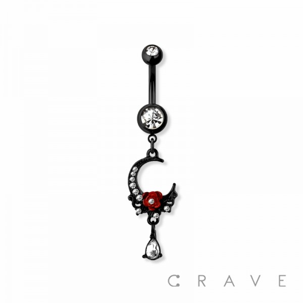 MOON WITH ROSE DANGLE 316L SURGICAL STEEL NAVEL RING