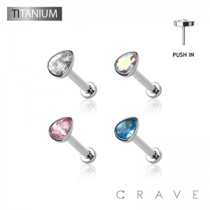 IMPLANT GRADE TITANIUM THREADLESS PUSH IN BEZEL SET TEARDROP CZ TOP LABRET SET