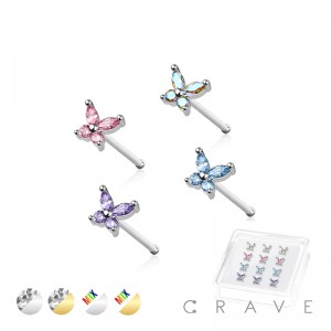 12PCS OF CZ PRONG BUTTERFLY 316L SURGICAL STEEL NOSE BONE STUD BOX