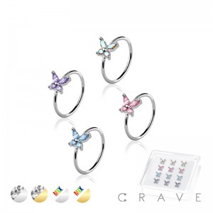 12PCS OF CZ PRONG BUTTERFLY 316L SURGICAL STEEL NOSE HOOP O-RING BOX