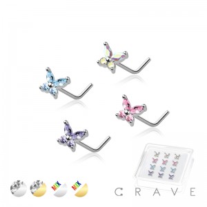 12PCS OF CZ PRONG BUTTERFLY 316L SURGICAL STEEL L SHAPE NOSE BOX