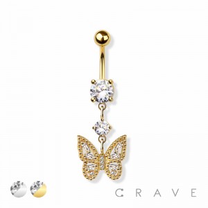 DOUBLE CZ GEM BUTTERFLY DANGLE 316L SURGICAL STEEL NAVEL RING