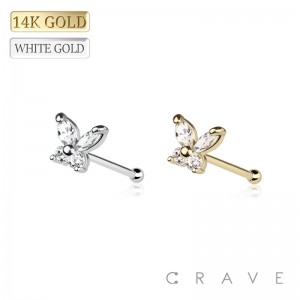 14K Gold NOSE BONE STUD WITH CZ PRONG BUTTERFLY