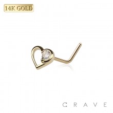 14K Gold Nose "L"Bend with CZ PRONG HEART SHAPE RING