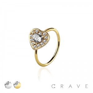 CZ PAVED HEART 316L SURGICAL STEEL O-RING NOSE HOOP