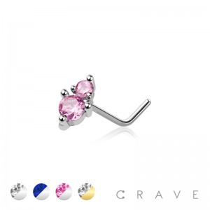 DOUBLE PRONG CZ GEM TOP 316L SURGICAL STEEL L SHAPE NOSE