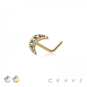 CZ PAVED CRESCENT MOON L SHAPE NOSE STUD