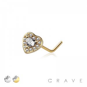 CZ PAVED HEART 316L SURGICAL STEEL L-SHAPE NOSE STUD