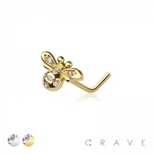 CZ GEM PAVED BUMBLE BEE 316L SURGICAL STEEL L-SHAPE NOSE STUD