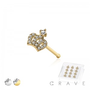 12PCS OF CZ PAVED CROWN 316L SURGICAL STEEL NOSE BONE STUD BOX