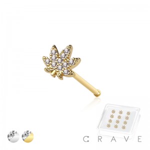 12PCS OF CZ GEM PAVED MARIJUANAS 316L SURGICAL STEEL NOSE BONE STUD BOX