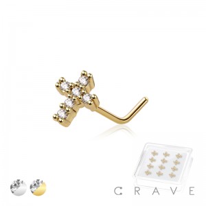 12PCS OF CZ GEM PAVED CROSS 316L SURGICAL STEEL L-SHAPE NOSE BOX