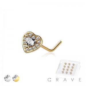 12PCS OF CZ PAVED HEART 316L SURGICAL STEEL L-SHAPE NOSE STUD BOX