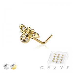 12PCS OF CZ GEM PAVED BUMBLE BEE 316L SURGICAL STEEL L-SHAPE NOSE STUD BOX