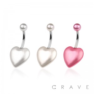 HEART FAUX PEARL HEART 316L SURGICAL STEEL BAR BELLY RING