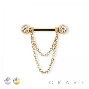 GEM BALL END CHAIN LINK 316L SURGICAL STEEL BARBELL NIPPLE BAR