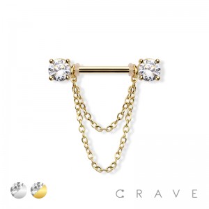 DOUBLE ROUND CZ PRONG SET END CHAIN LINK 316L SURGICAL STEEL BARBELL NIPPLE BAR