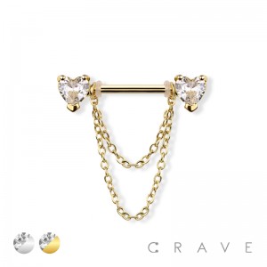 DOUBLE HEART CZ PRONG SET WITH LINK CHAIN 316L SURGICAL STEEL BARBELL NIPPLE BAR