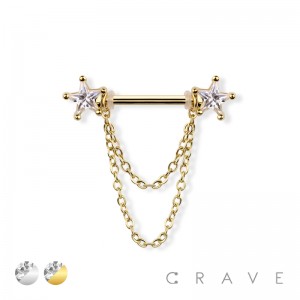 DOUBLE STAR CZ PRONG SET WITH LINK CHAIN 316L SURGICAL STEEL BARBELL NIPPLE BAR