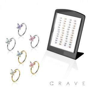 48PCS OF CZ PRONG BUTTERFLY AND FLOWER 316L SURGICAL STEEL NOSE HOOP L-STAND