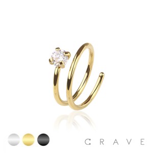 ROUND CZ PRONG SET END DOUBLE HOOP ANNEALED 316L SURGICAL STEEL NOSE RING