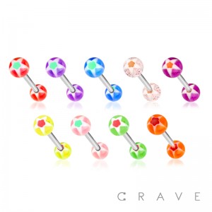 316L SURGICAL STEEL BARBELL WITH UV GLITTER STAR DESIGN ACRYLIC BALL