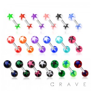 316L SURGICAL STEEL BARBELL WITH STAR DESIGN ACRYLIC BALL