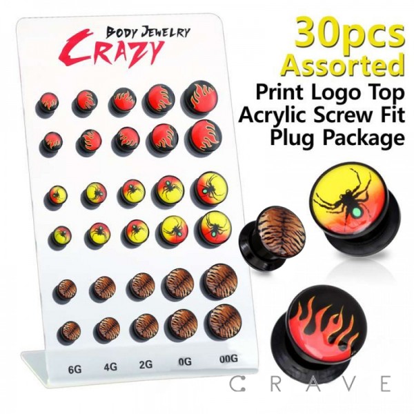 30PCS OF ASSORTED FLAMING PRINT TOP BLACK ACRYLIC SCREW FIT PLUG DISPLAY PACKAGE