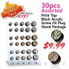 30PCS OF ASSORTED PRINT TOP BLACK ACRYLIC SCREW FIT PLUG PACKAGE