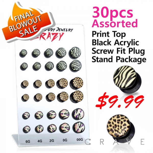 30PCS OF ASSORTED PRINT TOP BLACK ACRYLIC SCREW FIT PLUG PACKAGE