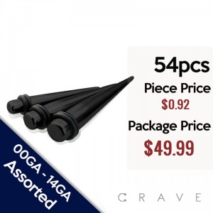 54PCS OF 316L SURGICAL BLACK STAINLESS STEEL TAPER WITH O-RINGS PACKAGE