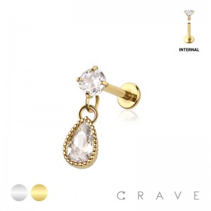 TEARDROP DANGLE CZ STONE TOP 316L SURGICAL STEEL INTERNALLY THREADED LABRET/MONROE