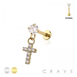 CROSS DANGLE CZ STONE TOP 316L SURGICAL STEEL INTERNALLY THREADED LABRET/MONROE