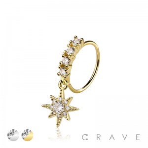 CZ STARBURST PRONG DANGLE ROUND CZ GEM O-RING NOSE HOOP