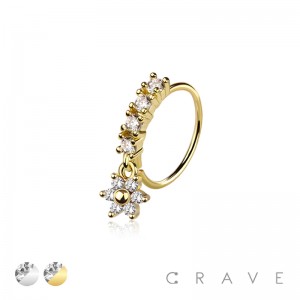 CZ 6 PETALS FLOWER PRONG DANGLE ROUND CZ GEM O-RING NOSE HOOP