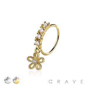 CZ HOLLOW FLOWER EYE PRONG DANGLE ROUND CZ GEM O-RING NOSE HOOP