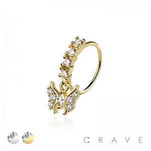 CZ BUTTERFLY PRONG DANGLE ROUND CZ GEM O-RING NOSE HOOP