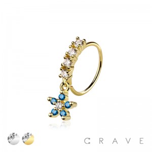 CZ 5 PETALS FLOWER PRONG DANGLE ROUND CZ GEM O-RING NOSE HOOP