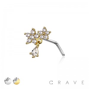 CZ DOUBLE PRONG FLOWER 316L SURGICAL STEEL L-SHAPE NOSE STUD