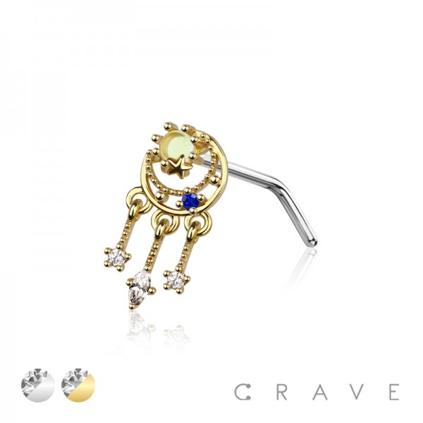 CZ MOON WITH DANGLING STARS 316L SURGICAL STEEL L-SHAPE NOSE STUD