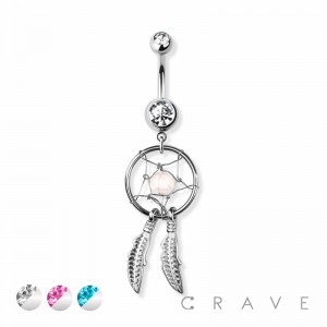 SEMI PRECIOUS STONE CENTERED DREAM CATCHER DANGLE 316L SURGICAL STEEL NAVEL RING