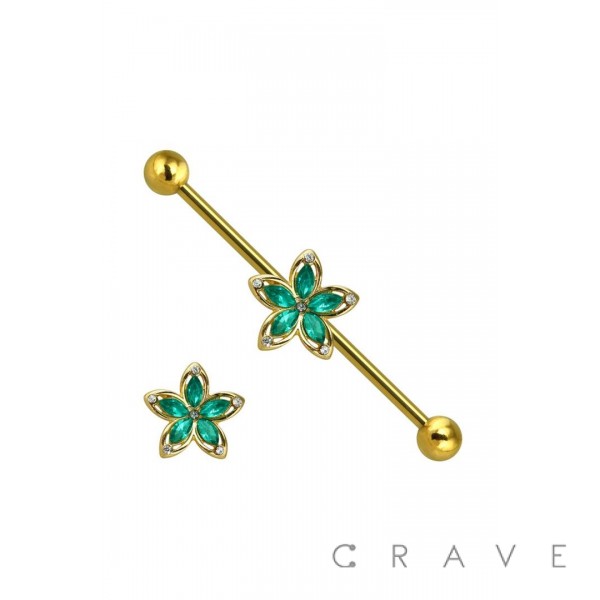 GOLD PLATED GREEN CRYSTAL STONE FLOWER 316L SURGICAL STEEL INDUSTRIAL BARBELL