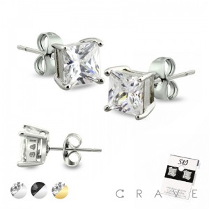 PAIR OF 316L STAINLESS STEEL PIN PRONG SQUARE CZ STUD EARRING