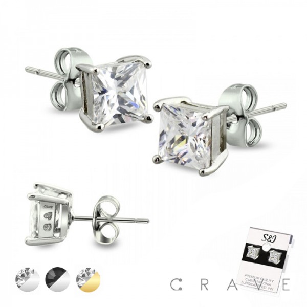 PAIR OF 316L STAINLESS STEEL PIN PRONG SQUARE CZ STUD EARRING