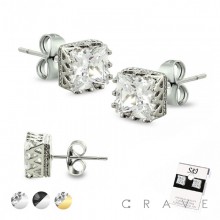 PAIR OF 316L STAINLESS STEEL PIN CROWN PRONG SQUARE CZ STUD EARRINGS