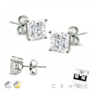 PAIR OF MULTI FACETED 316L STAINLESS STEEL PIN PRONG CZ STUD EARRINGS