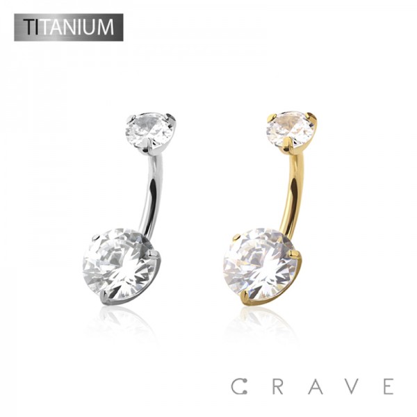 IMPLANT GRADE TITANIUM INTERNALLY THREADED TOP DOUBLE PRONG SET CZ BELLY BUTTON NAVAL RING