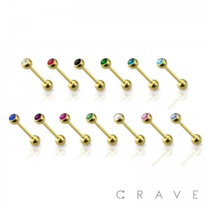 GOLD PVD PLATED OVER 316L SURGICAL STEEL BARBELL WITH PRESS FIT COLOR GEM (external thread)