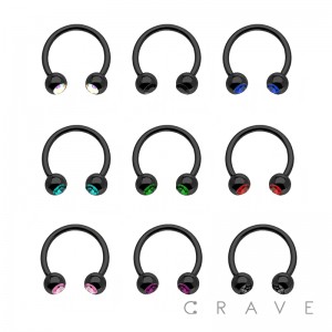 BLACK PVD PLATED OVER SURGICAL STEEL HORSESHOE WITH COLOR GEM (external thread)